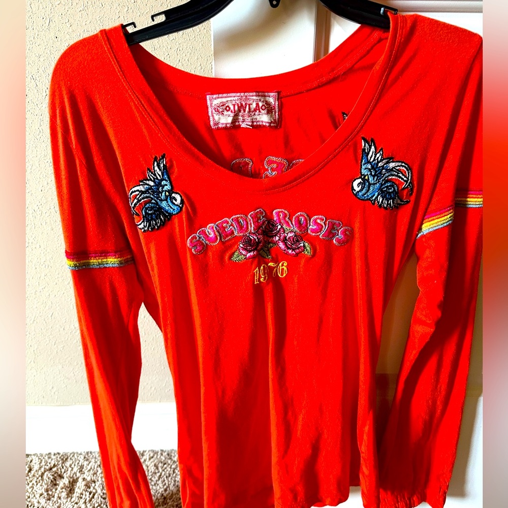 Johnny Was Red Embroidered 'Suede Roses' Long Sleeve Tee